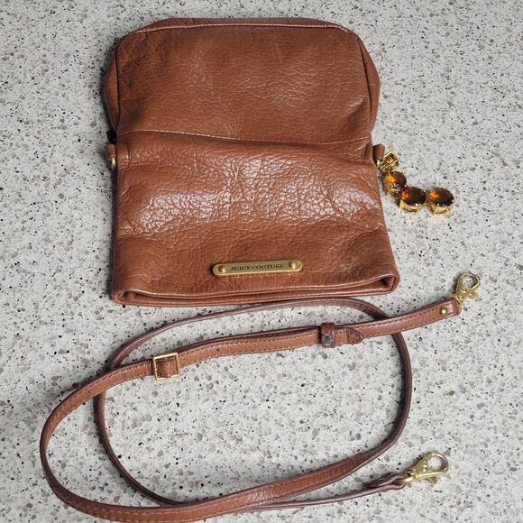 Juicy Couture Leather Brown Fold Over Clutch Crossbody Adjustable Strap w/ Charm - Picture 15 of 16